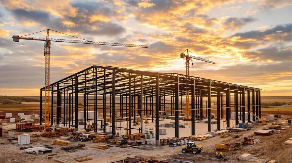 Texas steel building construction site showing workers installing metal framework with safety equipment under partly cloudy skies, representing comprehensive insurance coverage needs for commercial metal building projects in hurricane-prone regions